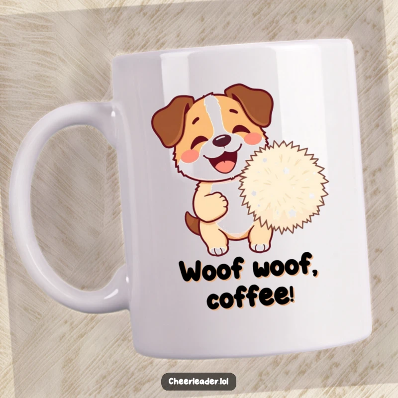 Funny Dog Pom-Pom Mug showing a happy dog barking excitedly, proudly holding a giant, colorful pom-pom in its mouth, pure canine joy.