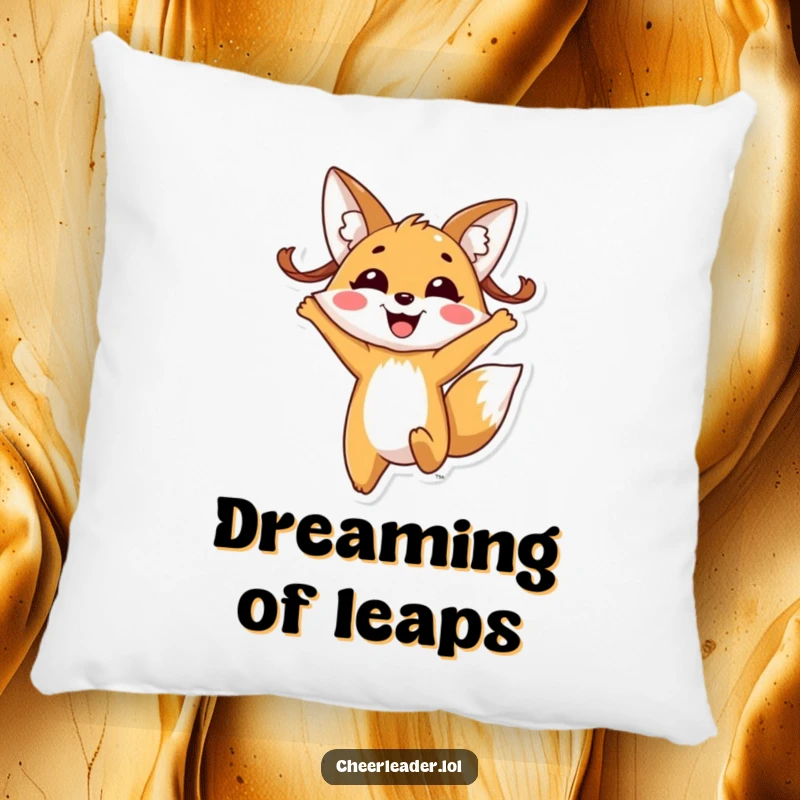 Funny fox pigtails pillow, showing a cheerful fox with pigtails joyfully jumping with a wide, happy smile.