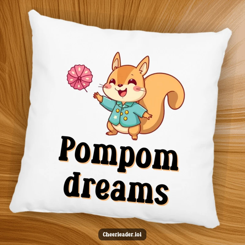 Funny squirrel cheerleader pillow, showing a squirrel in a sparkly uniform tossing a pom-pom, perfect for cozying up with spirit.