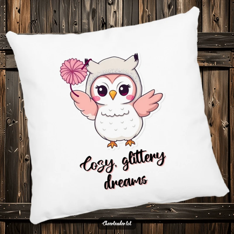 Funny smiling owl in a glittery costume, throwing a pom-pom on a comfortable pillow. Glamorous and cozy.