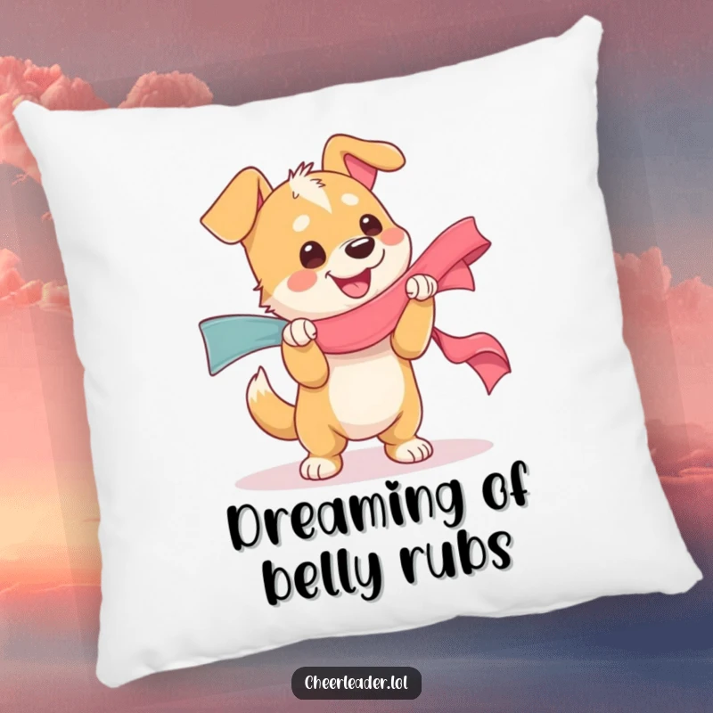 Funny pillow featuring a dog character joyfully shaking a large ribbon, radiating happiness and comfort, ideal funny gift.