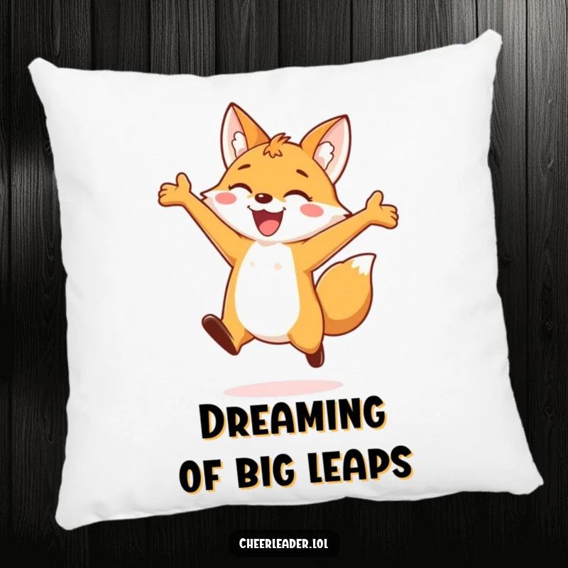 Funny pillow featuring a depiction of a cheerful fox in mid-air jump, arms outstretched, radiating delight, a soft and humorous decor piece.