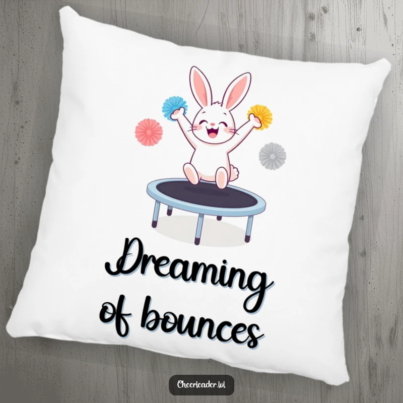 Funny bunny with pom-poms, mid-bounce on a trampoline, creating a fun and humorous accent pillow.