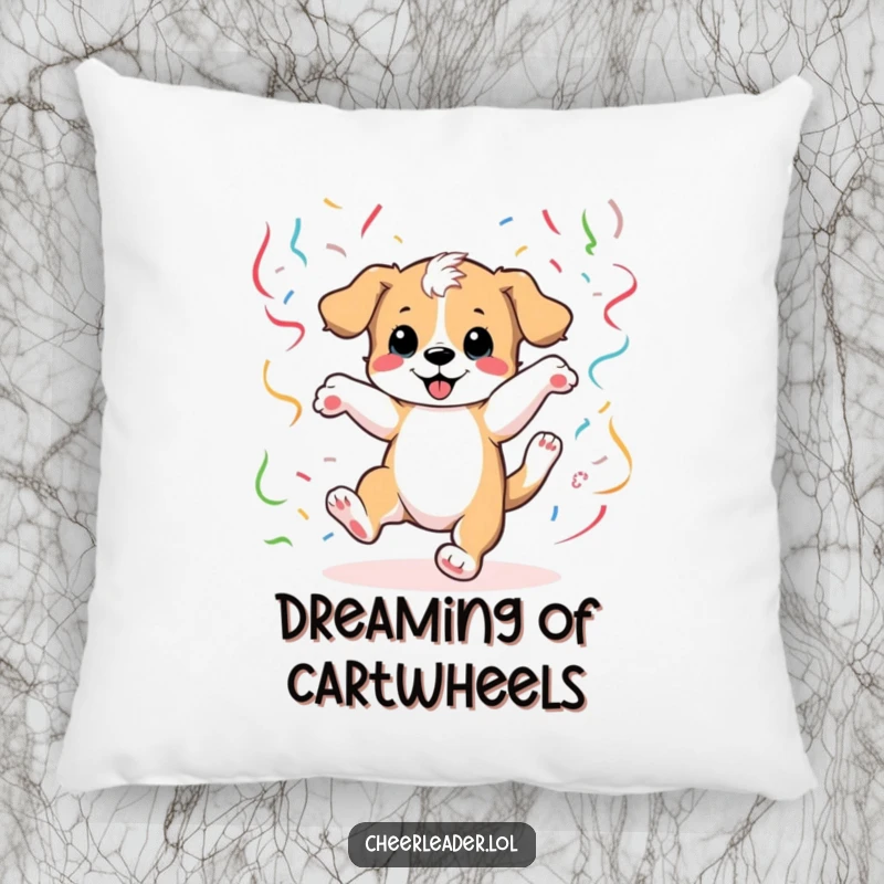 Funny Pillow showcasing a happy puppy doing a cartwheel surrounded by streamers, offering comfort and a touch of whimsy.