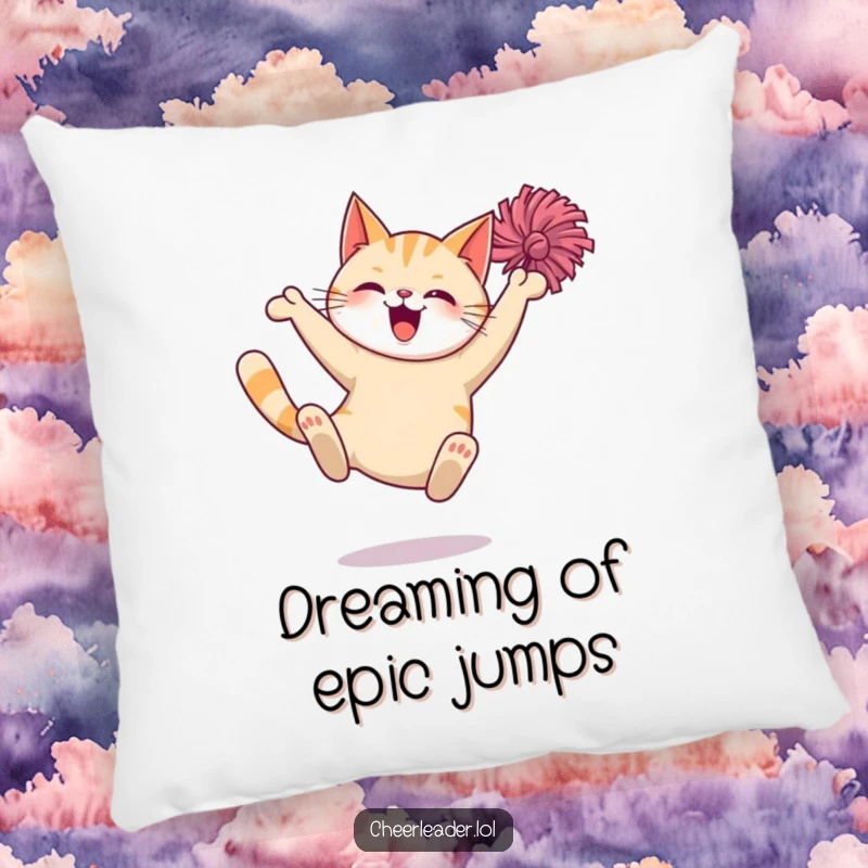 Funny Cat Pillow: A plush pillow showcasing a giggling cat leaping with a pom-pom, bringing cozy cheer and humor.