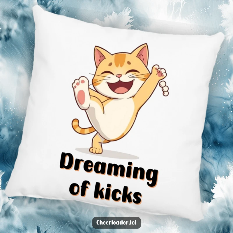 Funny determines cat doing a high kick with a grin, a comfortable and humorous decorative pillow. Ideal gift.