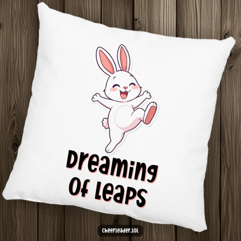 Funny, cheerful rabbit with a big smile performing a high kick on a soft pillow. Comfort meets fun.