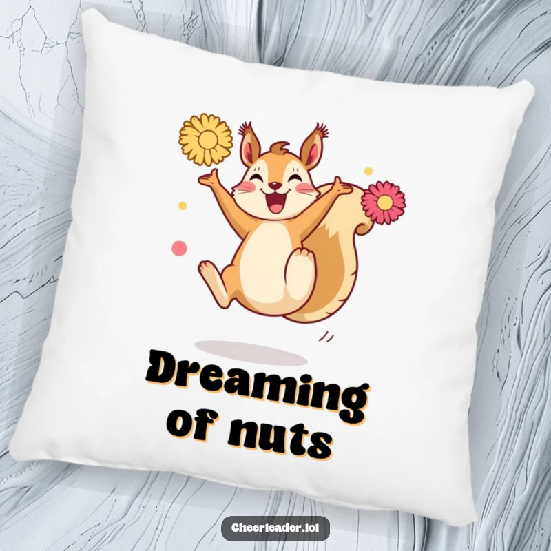 Funny Squirrel Kick Pillow: A joyful squirrel performing a high kick with pom-poms, adding a humorous and energetic touch to comfort.