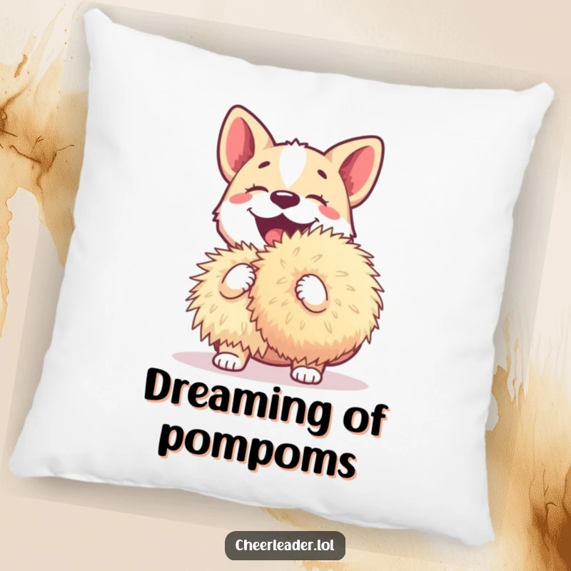 Funny dog pillow with a happy, barking dog embracing a giant pom-pom, offering comfort and a touch of playful humor.