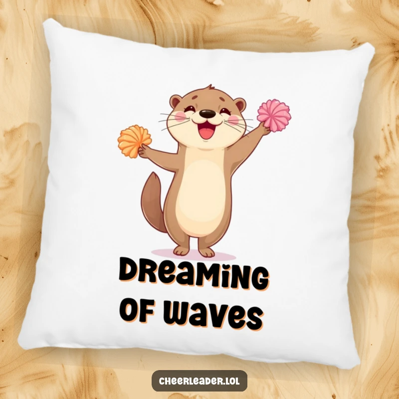 Funny throw pillow showing a delighted otter balancing on one leg and energetically waving its pom-poms, bringing playful cheer.