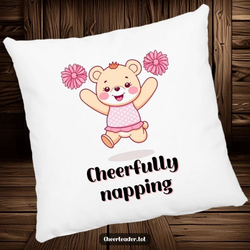 Funny bear cheerleader pillow with a happy bear in a sparkly uniform jumping with pom-poms, soft and cozy.