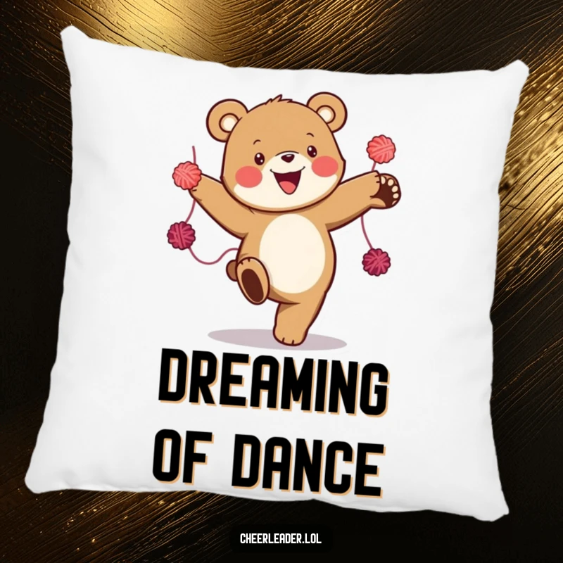 Funny pillow showcasing a happy bear doing a high kick with colorful yarn pom-poms, adding a touch of energetic cheer to any room.
