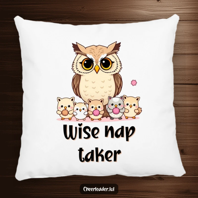 Funny determined owl leading animals with pom-poms, on a soft pillow, wise creature.