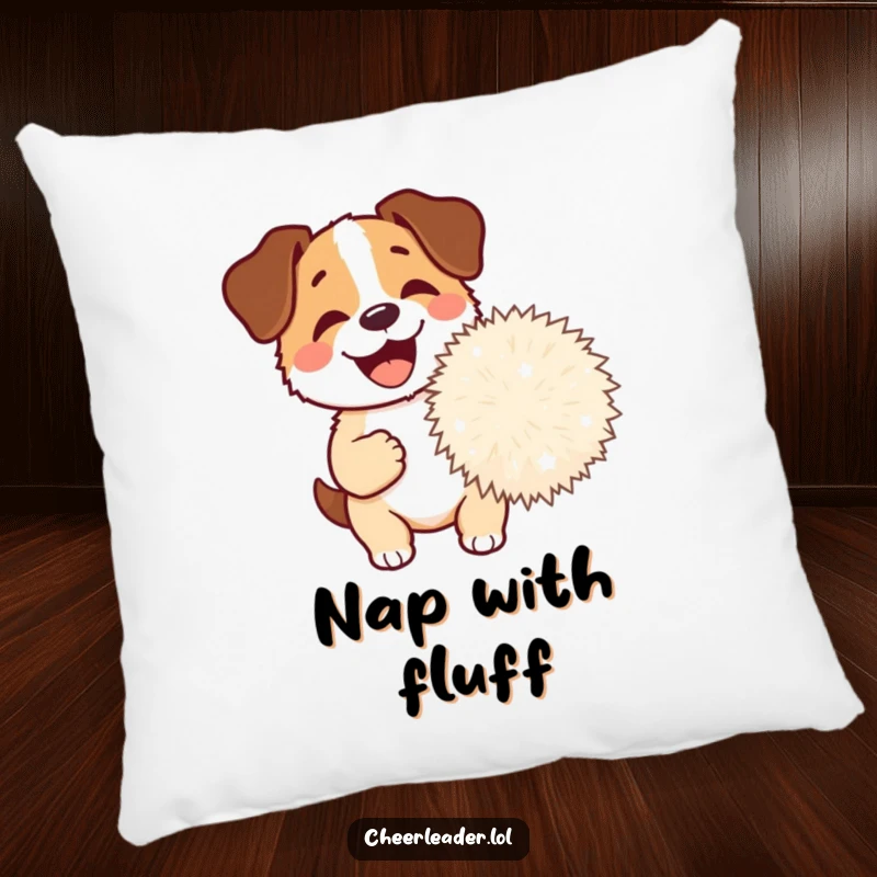 Funny Dog Pom-Pom Pillow featuring a happy dog barking excitedly while holding a giant pom-pom, offering comfort and playful decor.
