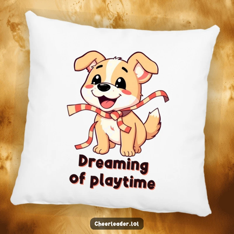 Funny Dog Pillow: A happy dog shakes a striped ribbon with enthusiastic barks, offering cozy comfort and a touch of party spirit.