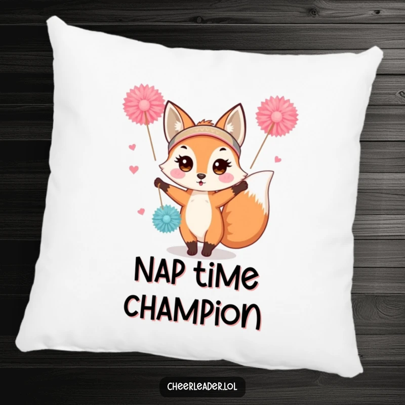 Funny and cute fox cheerleader pillow, wearing a headband, waving pom-poms. Soft, cuddly, and full of enthusiasm.
