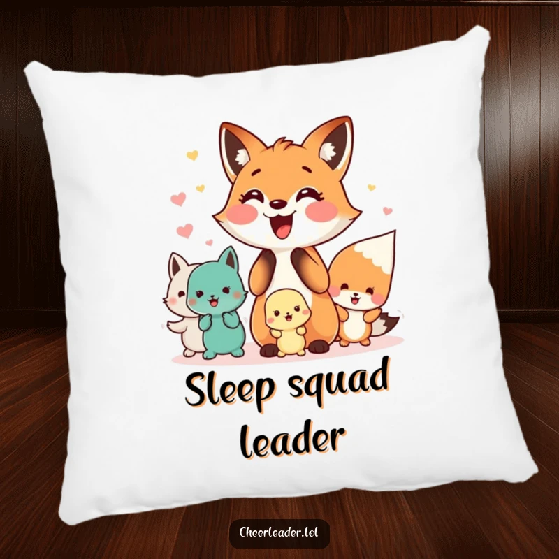 Funny pillow featuring a happy fox leading a cheer squad of small animals, bringing joy and team spirit.