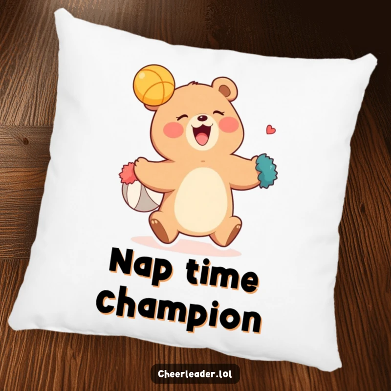 Funny throw pillow showcasing a giggling bear skillfully catching a ball with its pom-poms, adding a touch of playful sports humor.