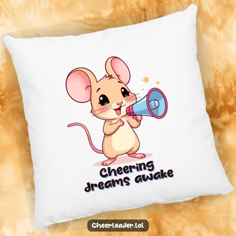 Funny pillow featuring a curious mouse holding a megaphone, leading a cheer with unwavering enthusiasm.