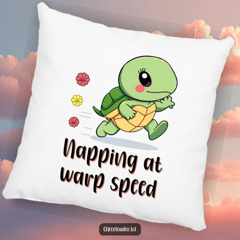 Funny pillow featuring a surprisingly fast turtle with pom-poms trailing, offering comfort and humorous surprise, ideal funny gift.