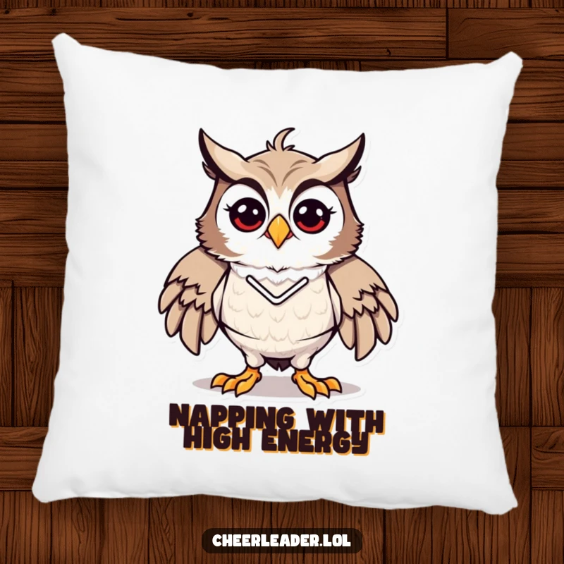 Funny pillow featuring a proud and energetic owl in a cheerleader pose, offering comfort and spirited fun, ideal funny gift.