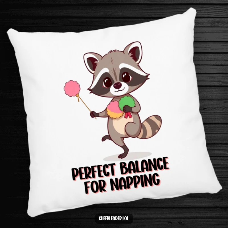 Funny raccoon pillow showing a curious creature balancing with pom-poms, providing humorous comfort and a touch of playful decor.
