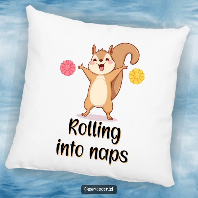 Funny pillow with a happy squirrel doing a cartwheel with pom-poms outstretched, perfect for active dreams.