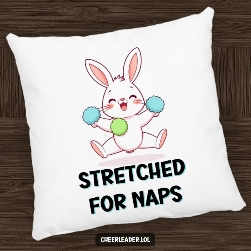 Funny pillow featuring a gleeful rabbit doing a split with pom-poms, bringing joy and flexibility to any room.
