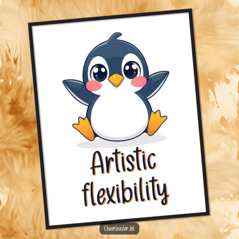 Funny digital art print of a penguin in a wide-eyed, playful split, ready to amuse.