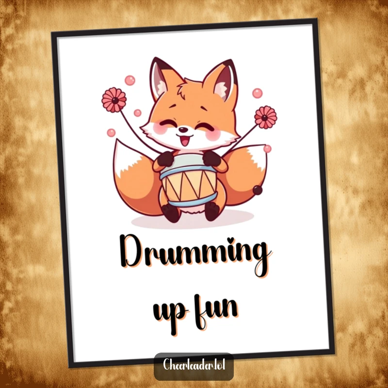 Funny fox playing a tiny drum with pom-poms, captured in dynamic motion for downloadable digital art.