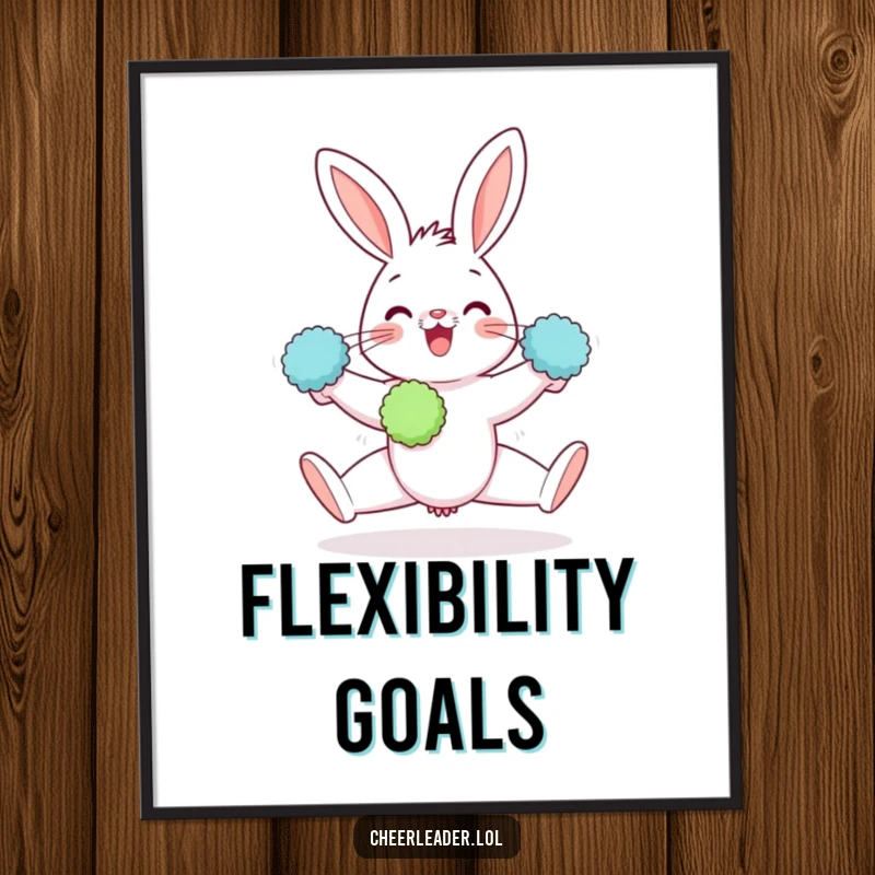 Funny digital art print of a gleeful rabbit doing a split with pom-poms, embodying pure energetic cheer.