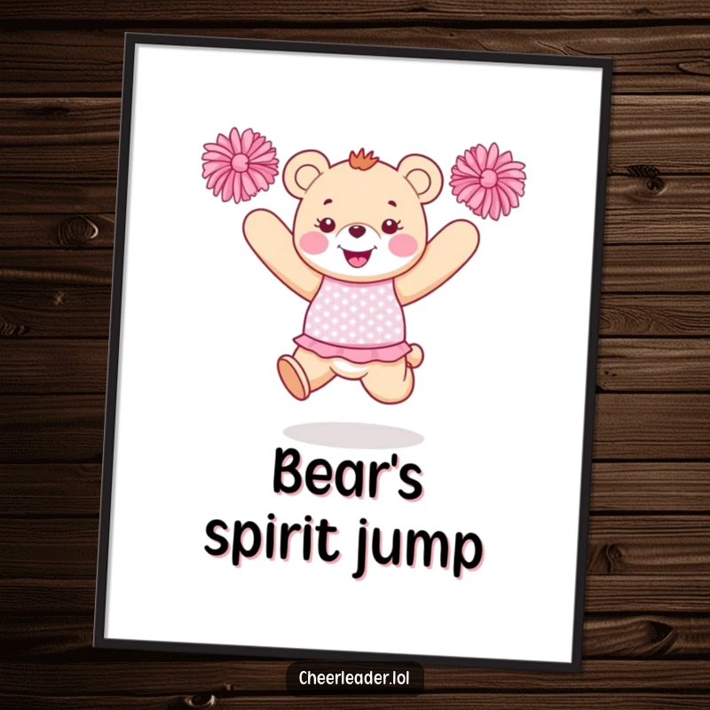 Funny bear cheerleader digital art print showing a happy bear in a sparkly uniform jumping with pom-poms aloft.
