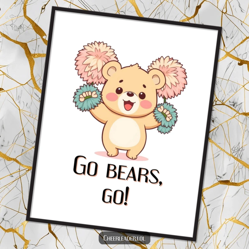 Funny digital art print of a happy bear cub enthusiastically waving large, fluffy pom-poms, perfect for instant cheerful decor.