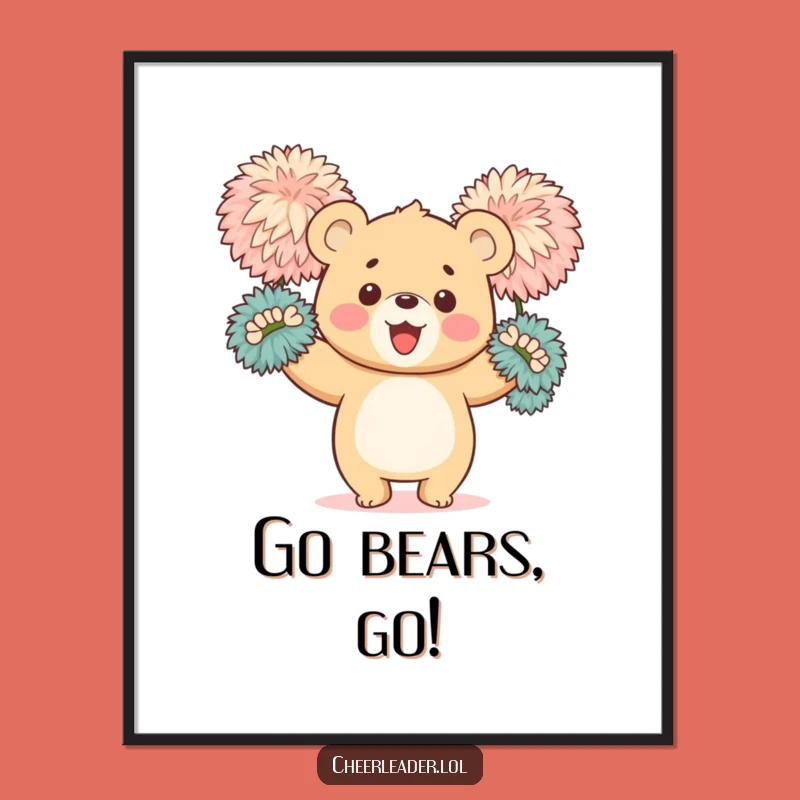 Funny Bear Cub Cheerleader Digital Art Print: Happy Cub Waving Pom-Poms