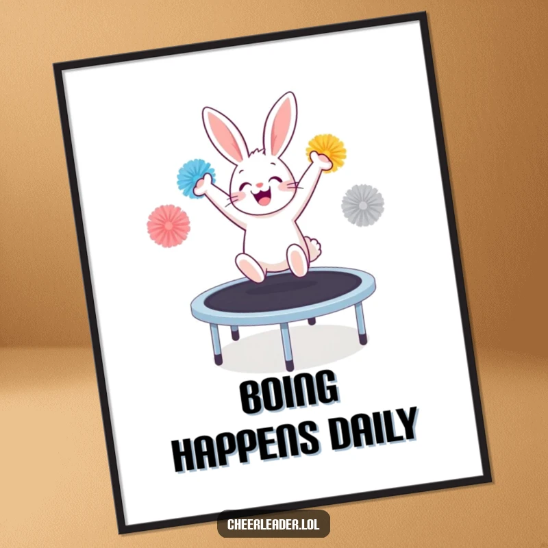 Funny cheering bunny with pom-poms, dynamically jumping on a trampoline, available as a downloadable digital art print.