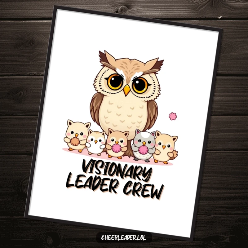 Funny determined owl leading animals with pom-poms, focused, vibrant digital art print, instant download.