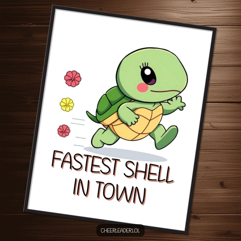 Funny digital art of a surprisingly fast turtle leaving a trail of pom-poms, celebrating speed with humor, ideal funny gift.