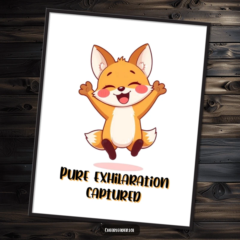 Funny digital art print of a cheerful fox cub in a spirited jump with arms raised, perfect for instant download and joyful decor.