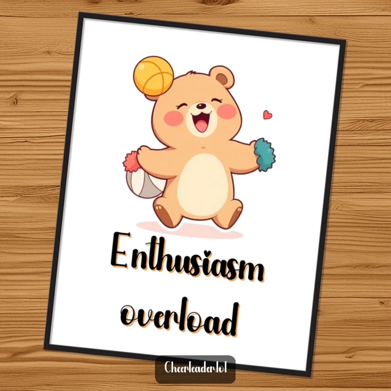 Funny digital art print of a happy bear using pom-poms to catch a ball, conveying athletic spirit and comical joy.