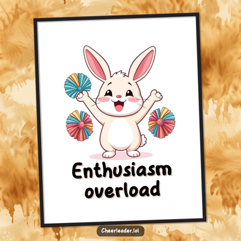 Funny happy rabbit cheering with pom-poms, enthusiastic, vibrant digital art print, instant download.