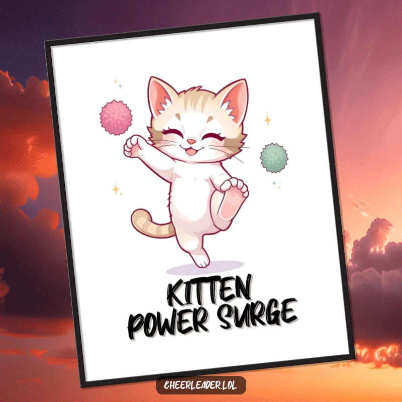 Funny playful kitten mid-high kick, sparkling pom-poms, vibrant digital art print, instant download.