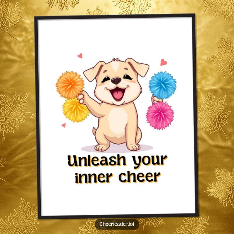 Funny digital art print of a lively puppy shaking pom-poms with an encouraging bark, radiating pure enthusiasm, ideal for instant wall decor.