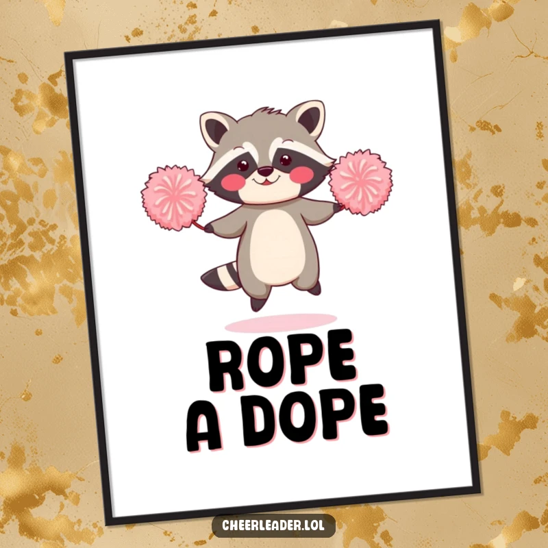 Funny digital art print of a blushing raccoon jumping rope with two oversized pom-poms.