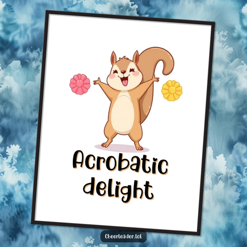 Funny digital art print of a happy squirrel performing a cartwheel with pom-poms outstretched.