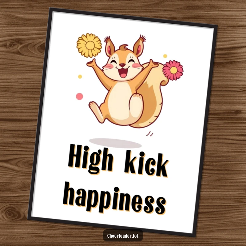 Funny Squirrel Kick Digital Art: A joyful squirrel in mid-high kick with pom-poms, capturing energetic movement and humorous fun.