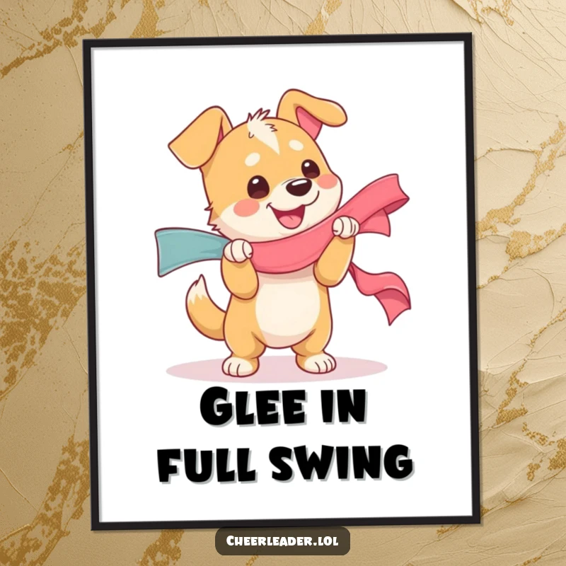 Funny digital art of a dog character gleefully shaking a giant ribbon, full of pure joy, ideal funny gift.
