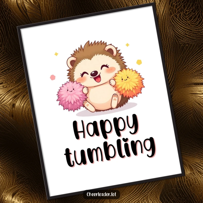 Funny Hedgehog Digital Art Print of a happy hedgehog tumbling with fluffy pom-poms, cute and playful for instant decor.
