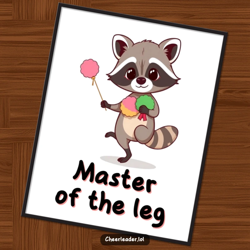 Funny raccoon digital art print of a curious animal balancing with pom-poms, offering instant humorous wall decor.