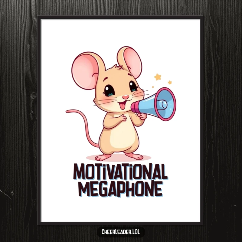 Funny digital art print of a curious mouse holding a megaphone, leading a cheer with determined enthusiasm.