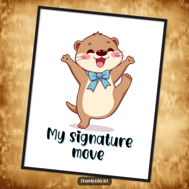 Funny digital art print of a joyful otter wearing a ribbon, performing a high kick, perfect for instant energetic decor.